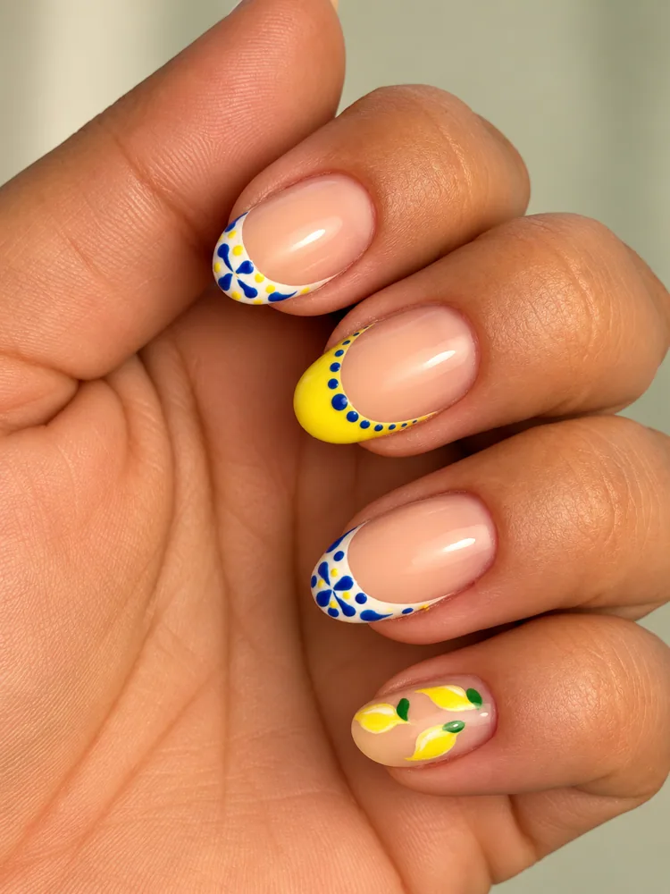 Manucure nail art jaune et bleu inspirée du citron