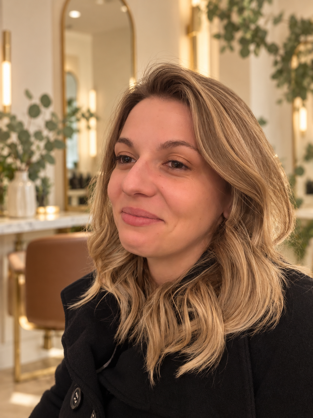 Réalisation coiffure : carré blond et mèches encadrant le visage