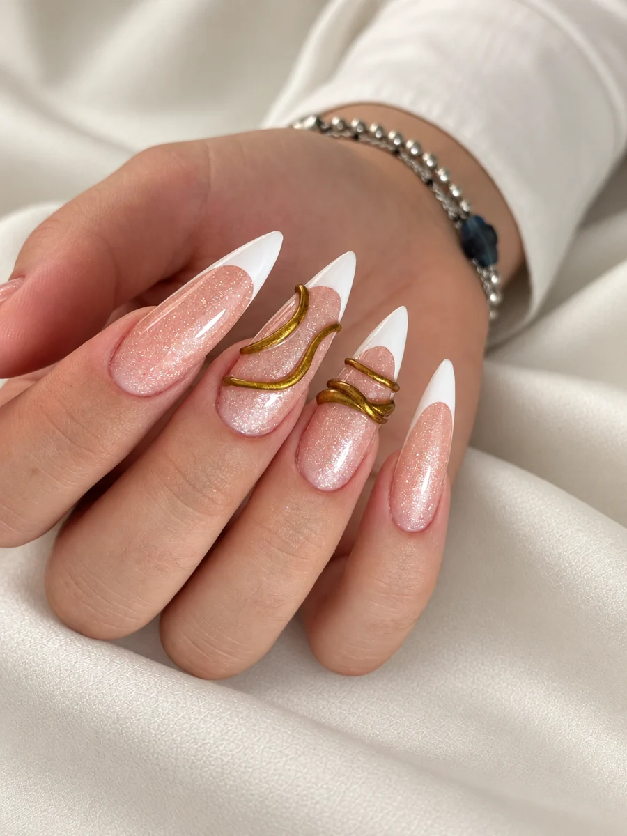Manucure rose et blanche avec détails dorés